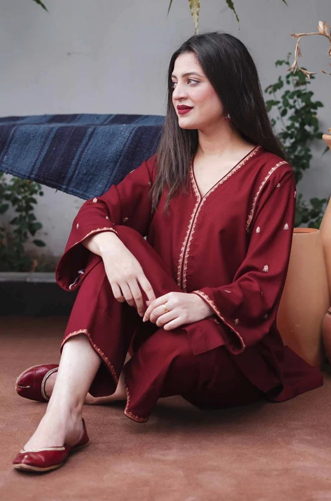 3PC EMBROIDERED DHANAK DRESS RO - 313