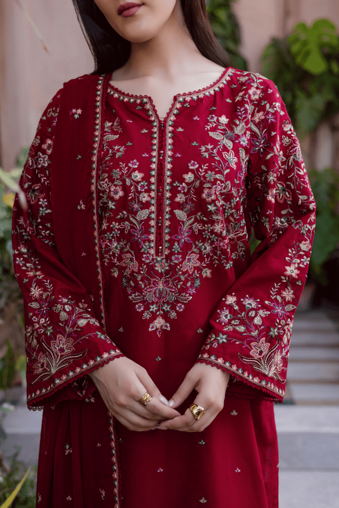 3PC EMBROIDERED DHANAK DRESS RO - 620 - Rangoli Store