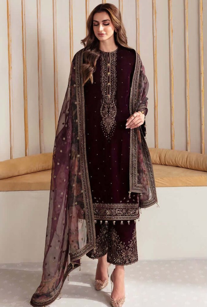 3PC EMBROIDERED MICRO 9000 VELVET DRESS - RO - 540 - Rangoli Store