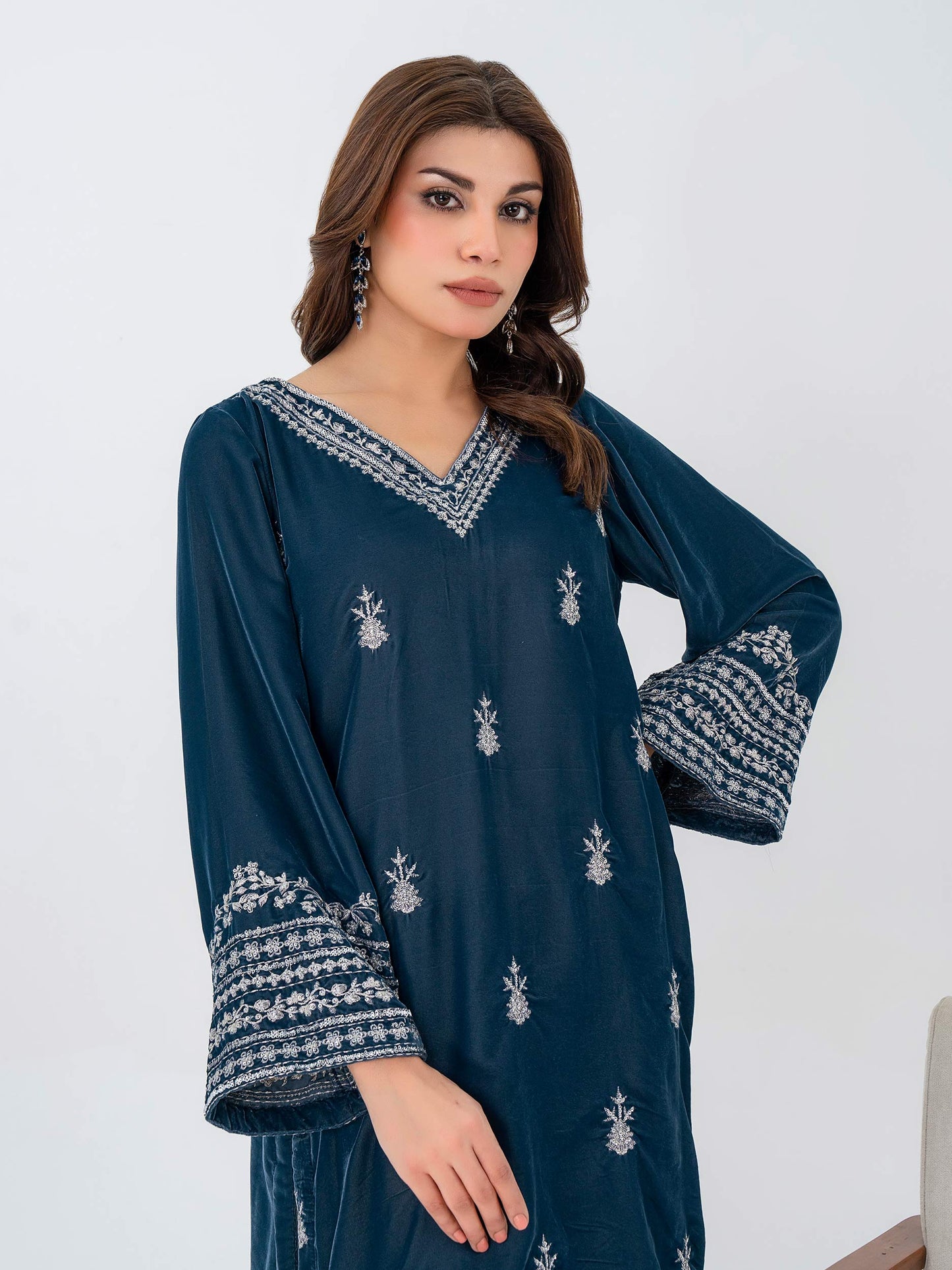 2PC EMBROIDERED MICRO 9000 VELVET DRESS - RO-571