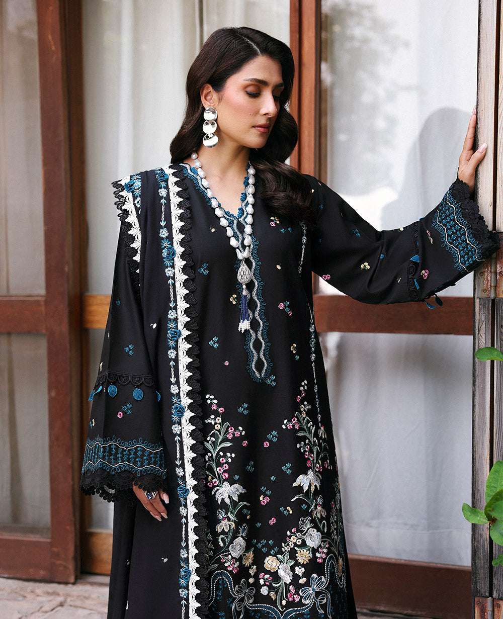 3PC EMBROIDERED DHANAK DRESS RO - 562