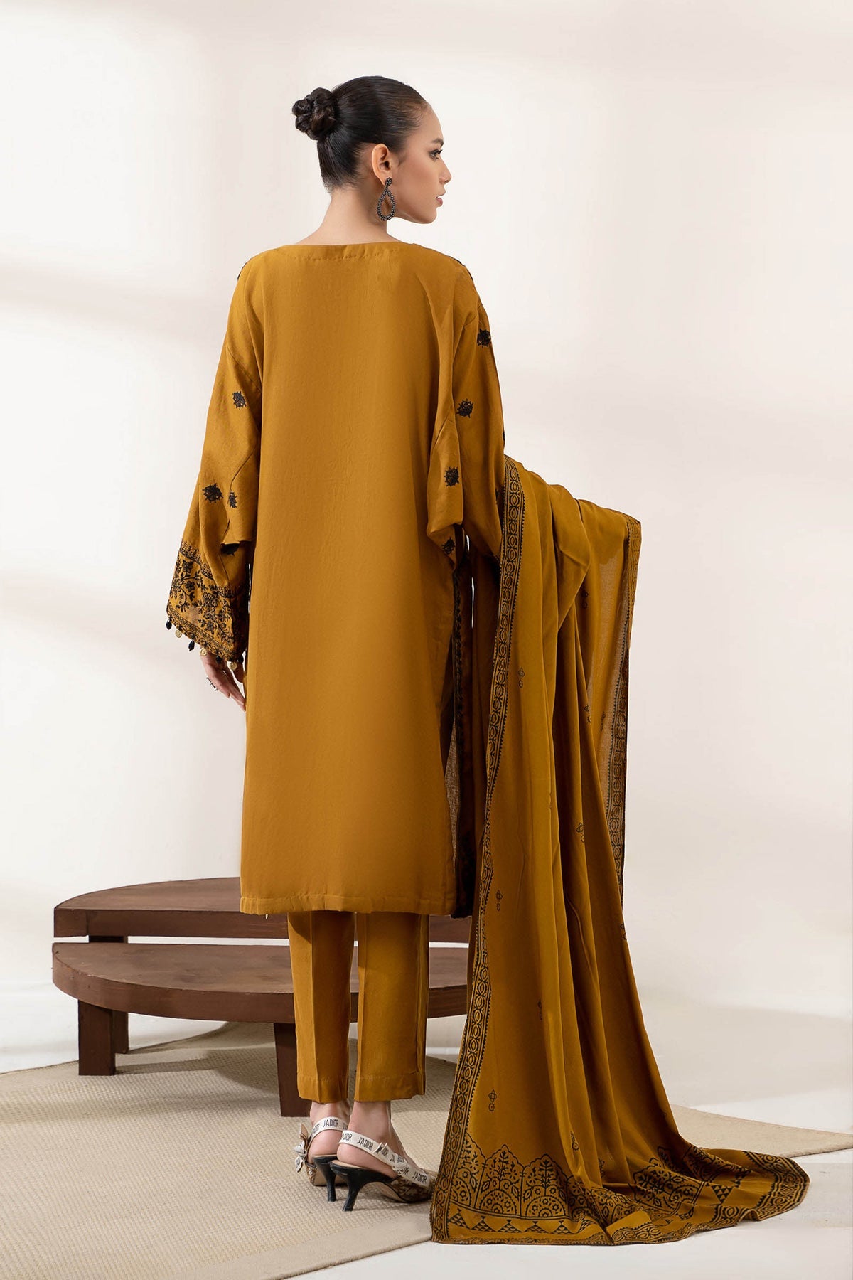 3PC EMBROIDERED DHANAK DRESS RO - 396