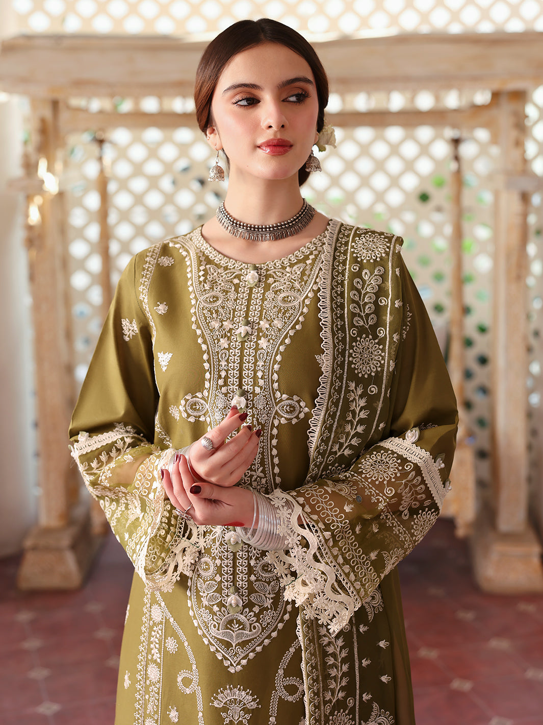 3PC EMBROIDERED DHANAK DRESS RO - 528