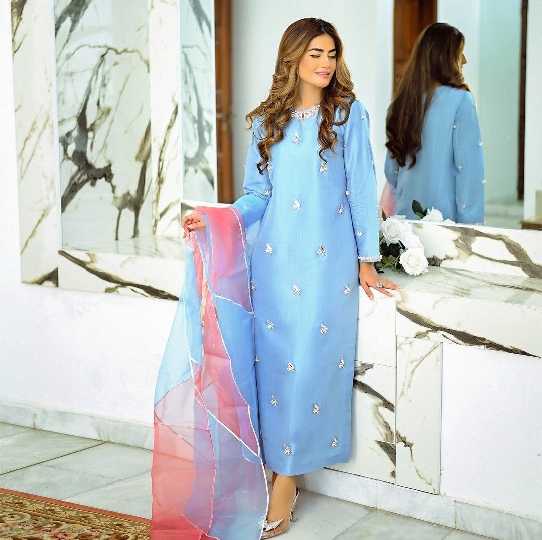 3PC HAND EMBALISHMENT SILK DRESS - RO-118