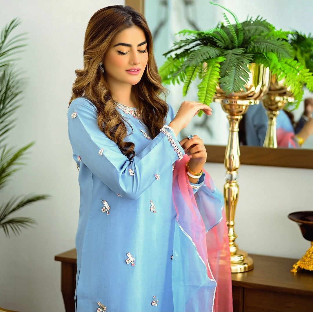 3PC HAND EMBALISHMENT SILK DRESS - RO-118
