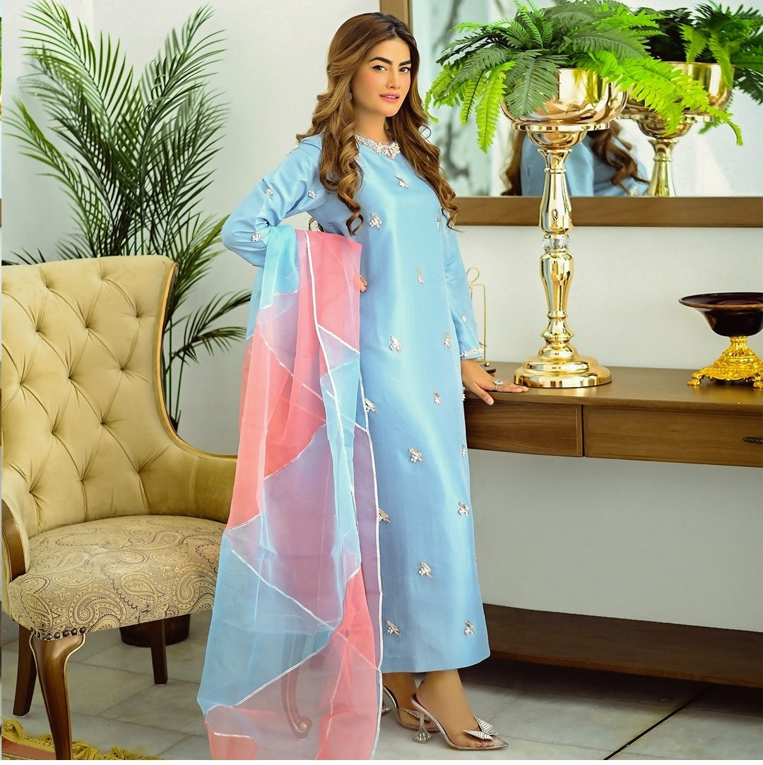 3PC HAND EMBALISHMENT SILK DRESS - RO-118