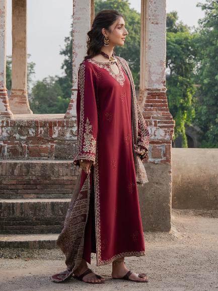 3PC EMBROIDERED DHANAK SUIT RO - 581