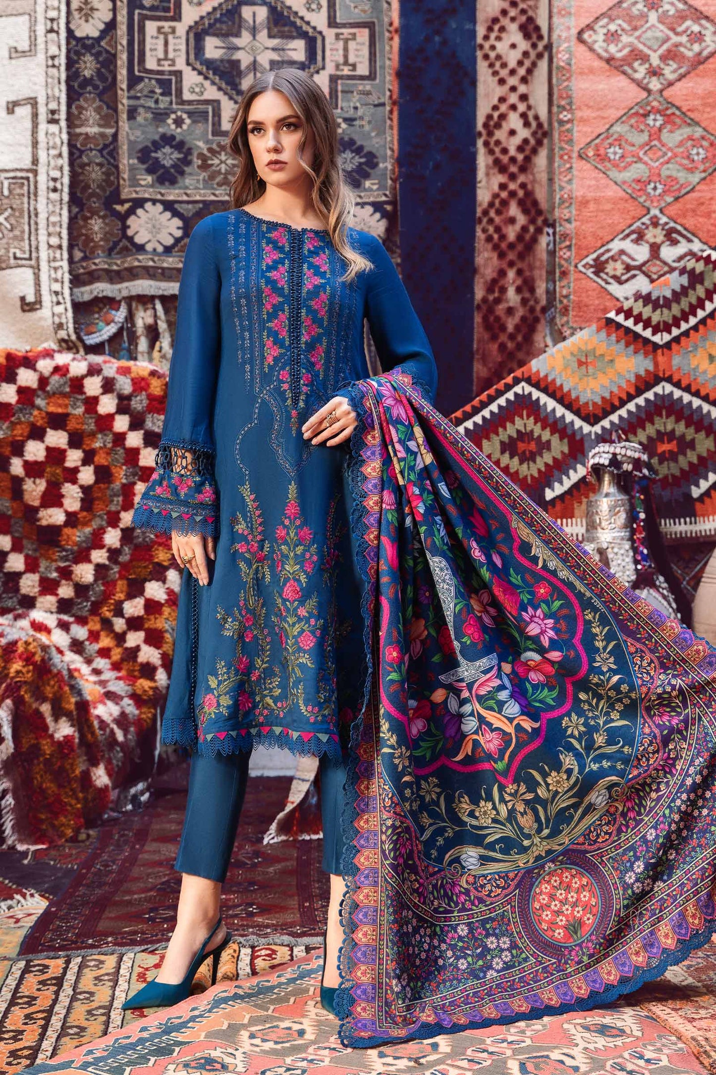 3PC EMBROIDERED DHANAK DRESS RO - 546