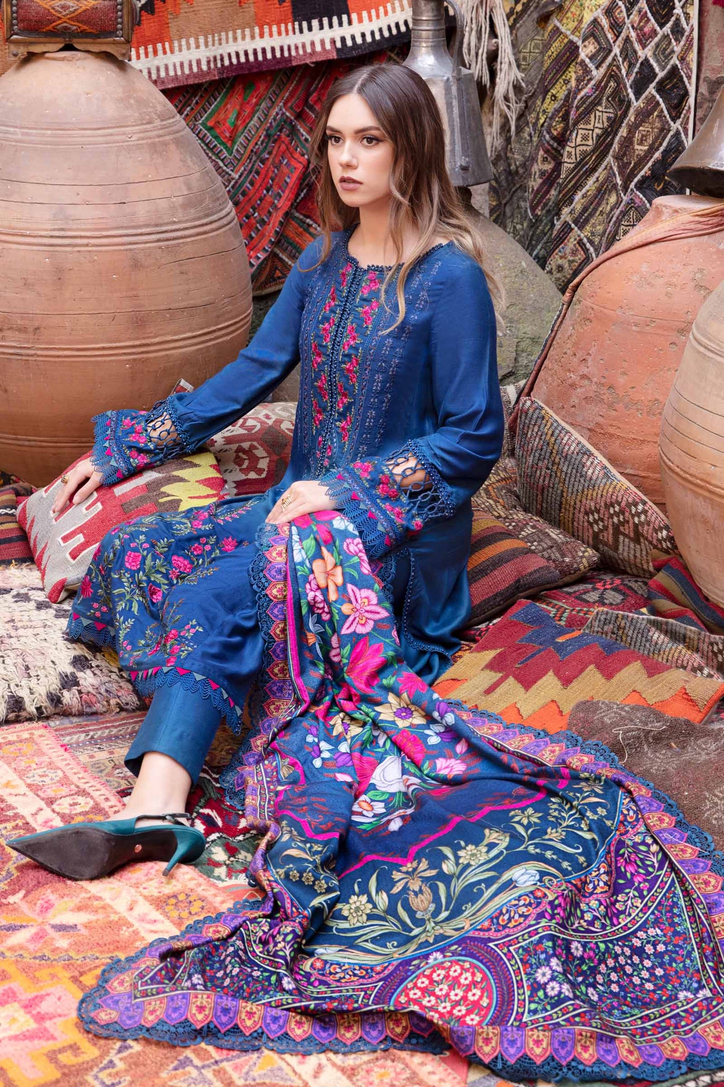 3PC EMBROIDERED DHANAK DRESS RO - 546