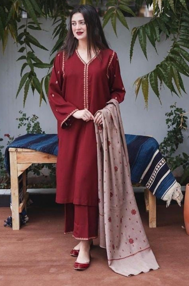 3PC EMBROIDERED DHANAK DRESS RO - 313