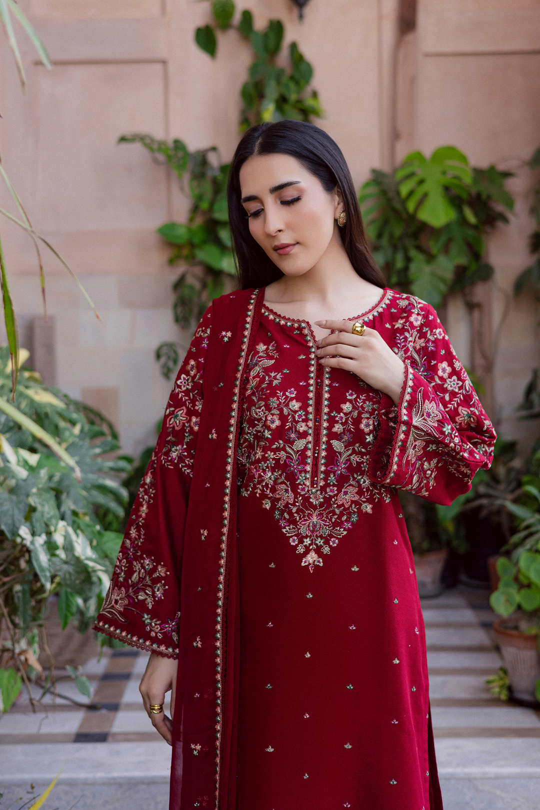 3PC EMBROIDERED DHANAK DRESS RO - 620