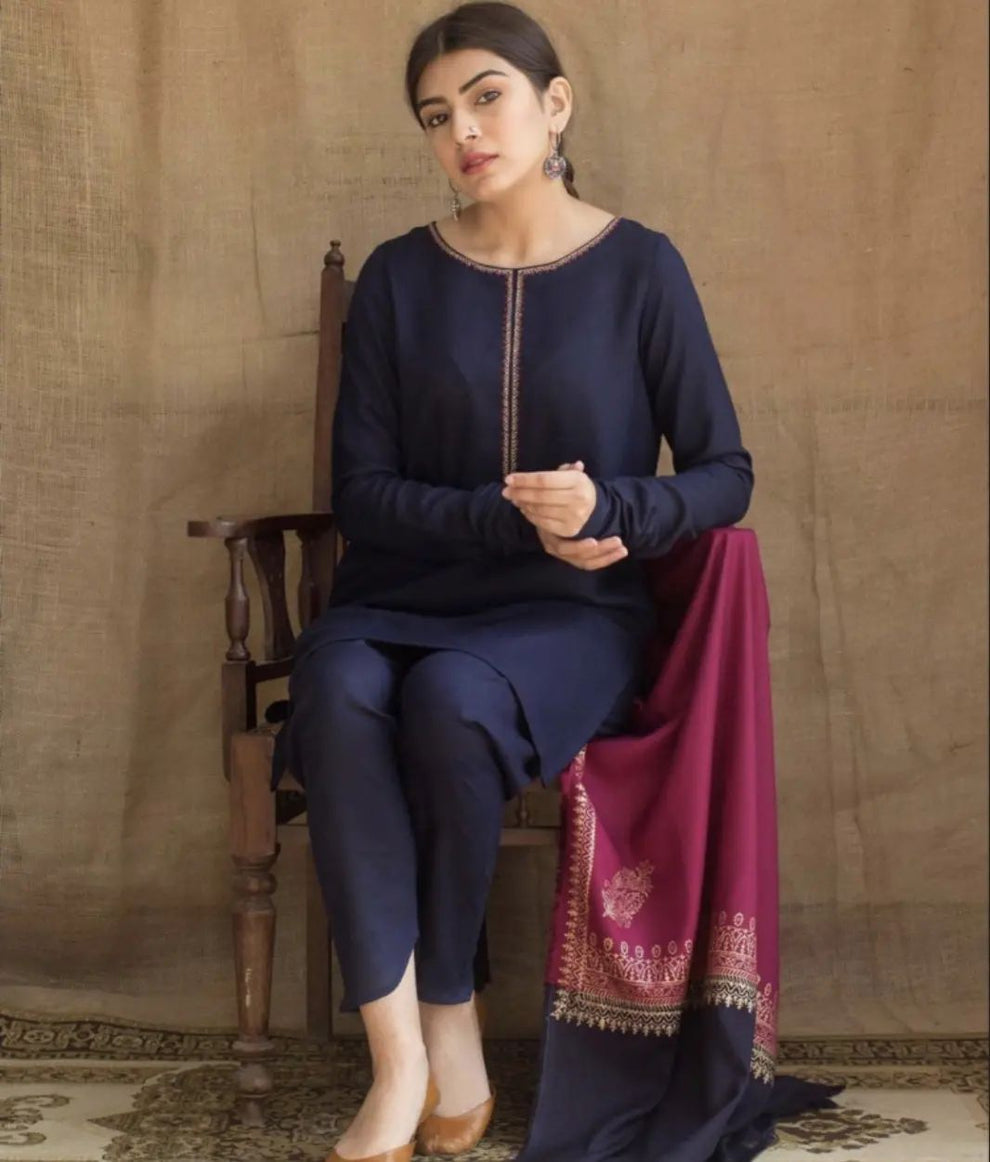3PC EMBROIDERED DHANAK DRESS RO - 543