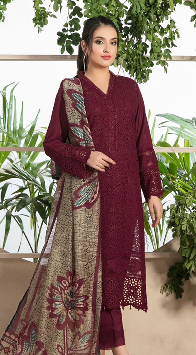 3PC EMBROIDERED DHANAK DRESS RO - 314