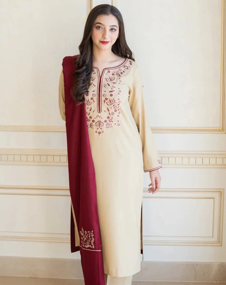 3PC EMBROIDERED DHANAK DRESS RO - 377