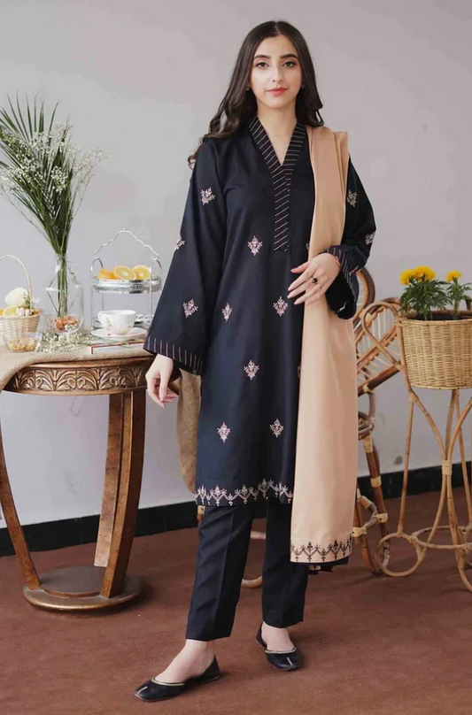 3PC EMBROIDERED DHANAK DRESS RO - 394