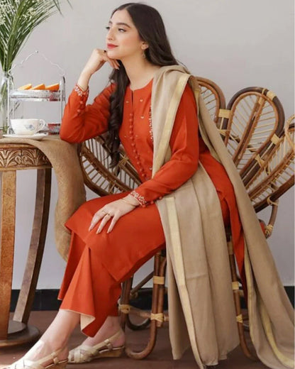 3PC EMBROIDERED DHANAK DRESS RO - 556