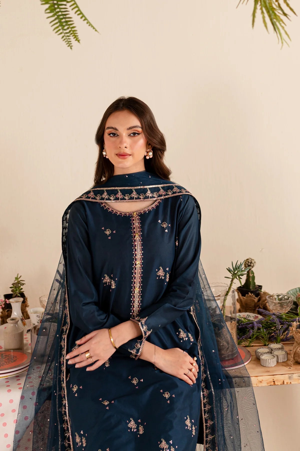 3PC EMBROIDERED DHANAK DRESS RO - 418