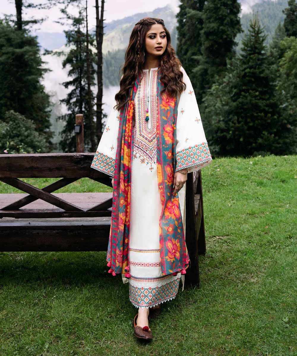 3PC EMBROIDERED DHANAK DRESS RO - 397