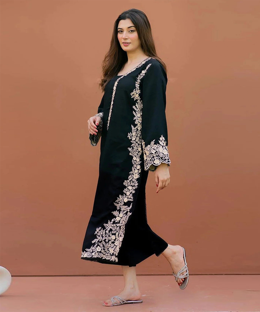2PC EMBROIDERED DHANAK DRESS RO - 404