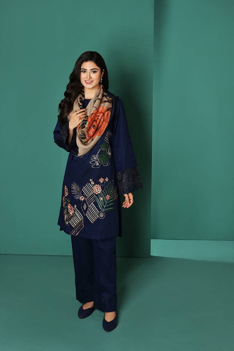 3PC EMBROIDERED DHANAK DRESS RO - 366