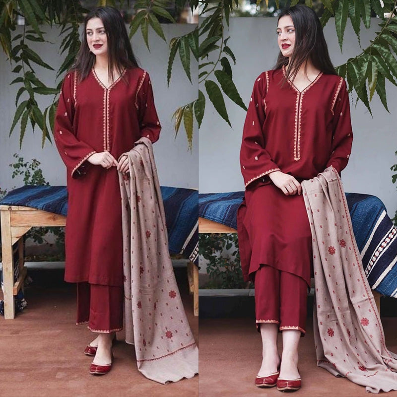 3PC EMBROIDERED DHANAK DRESS RO - 313