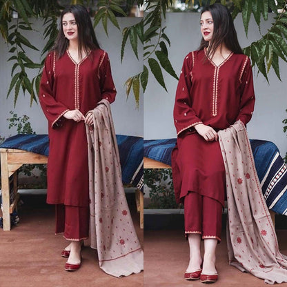 3PC EMBROIDERED DHANAK DRESS RO - 313