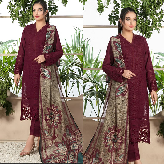 3PC EMBROIDERED DHANAK DRESS RO - 314