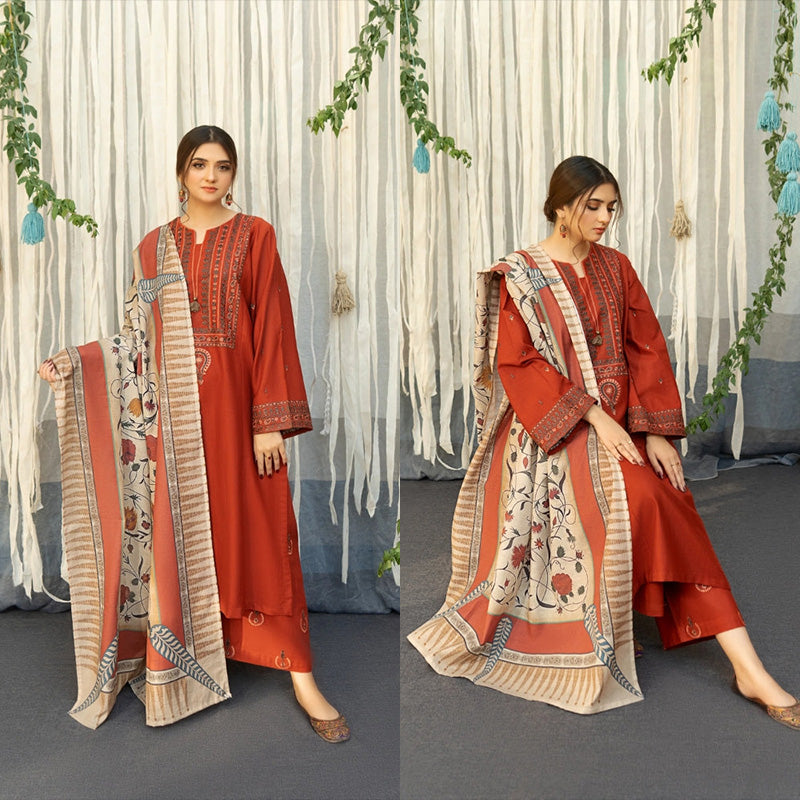 3PC EMBROIDERED DHANAK DRESS RO - 316