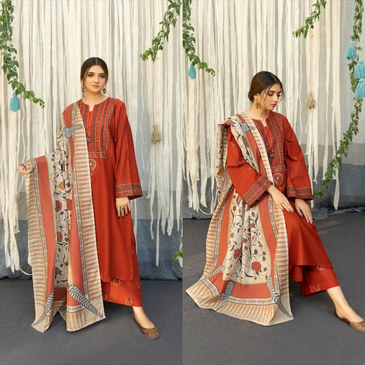 3PC EMBROIDERED DHANAK DRESS RO - 316