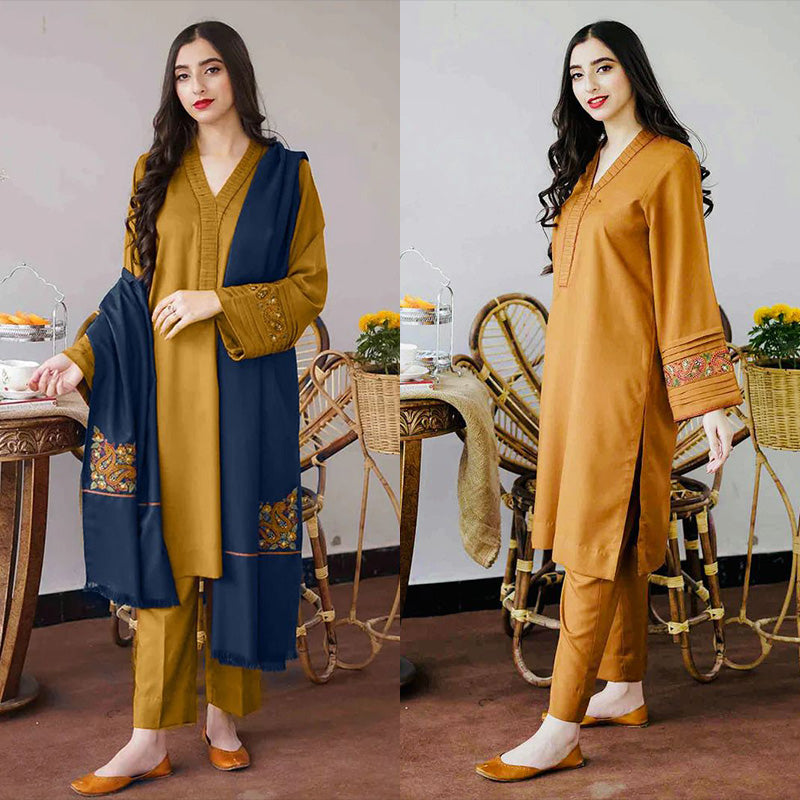 3PC EMBROIDERED DHANAK DRESS RO - 334