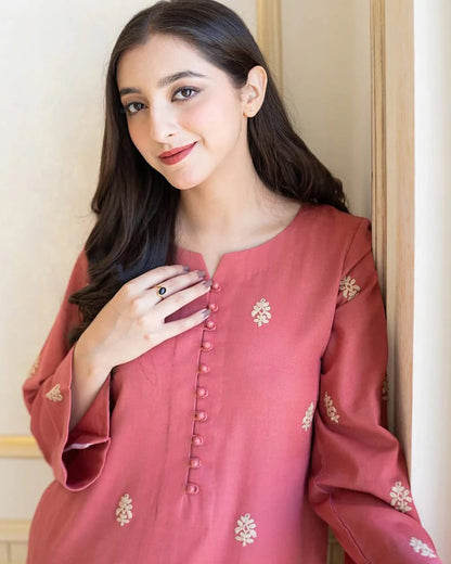 3PC EMBROIDERED DHANAK DRESS RO - 555