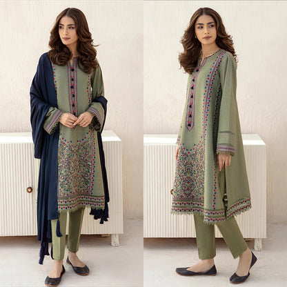 3PC EMBROIDERED DHANAK DRESS RO - 352