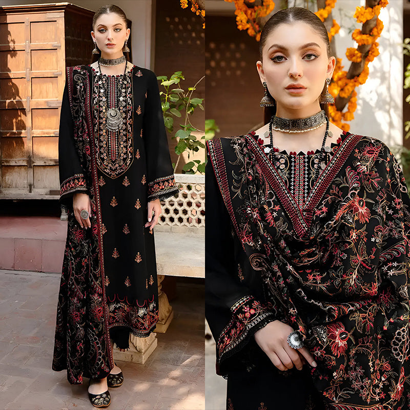 3PC EMBROIDERED DHANAK DRESS RO - 370