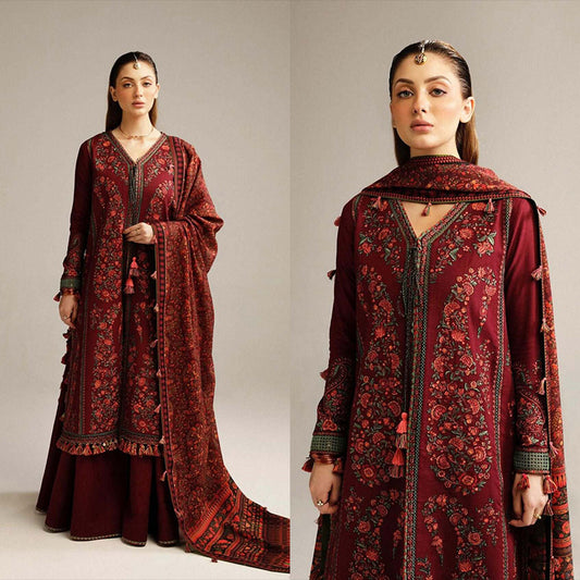 3PC EMBROIDERED DHANAK DRESS RO - 372