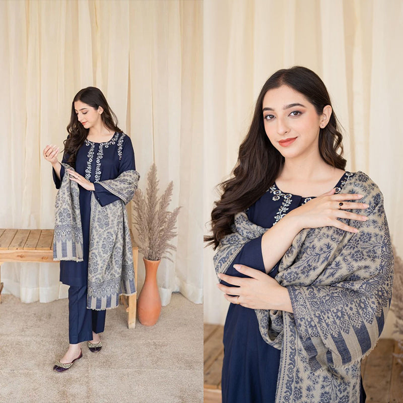 3PC EMBROIDERED DHANAK DRESS RO - 373