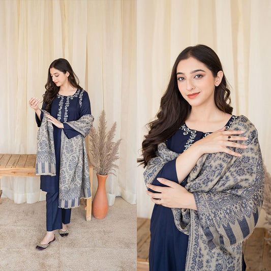 3PC EMBROIDERED DHANAK DRESS RO - 373