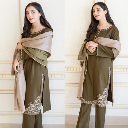 3PC EMBROIDERED DHANAK DRESS RO - 374