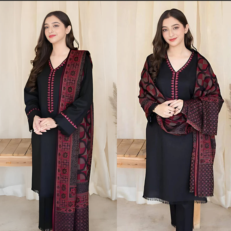 3PC EMBROIDERED DHANAK DRESS RO - 376