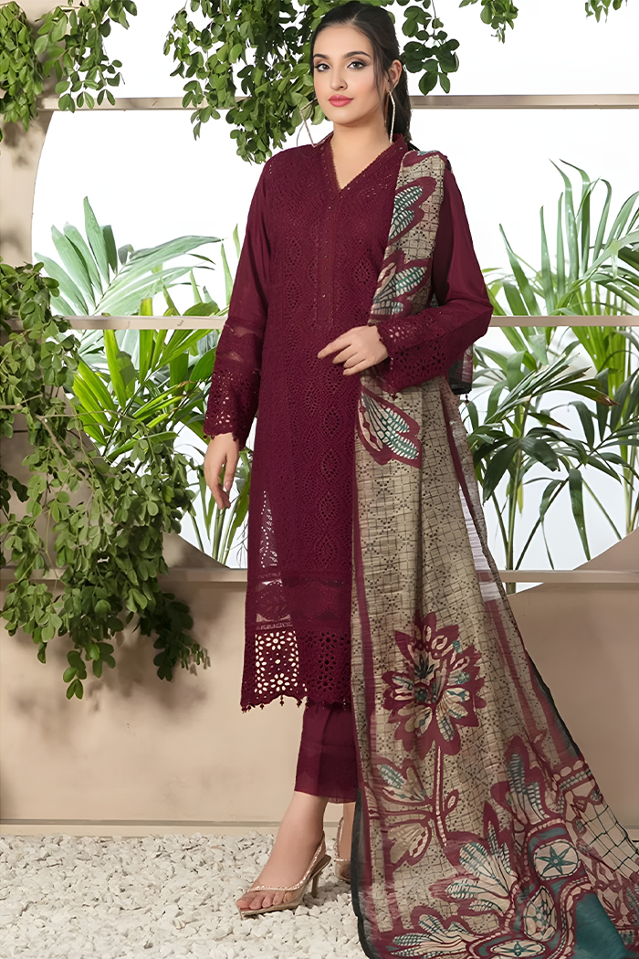 3PC EMBROIDERED DHANAK DRESS RO - 314