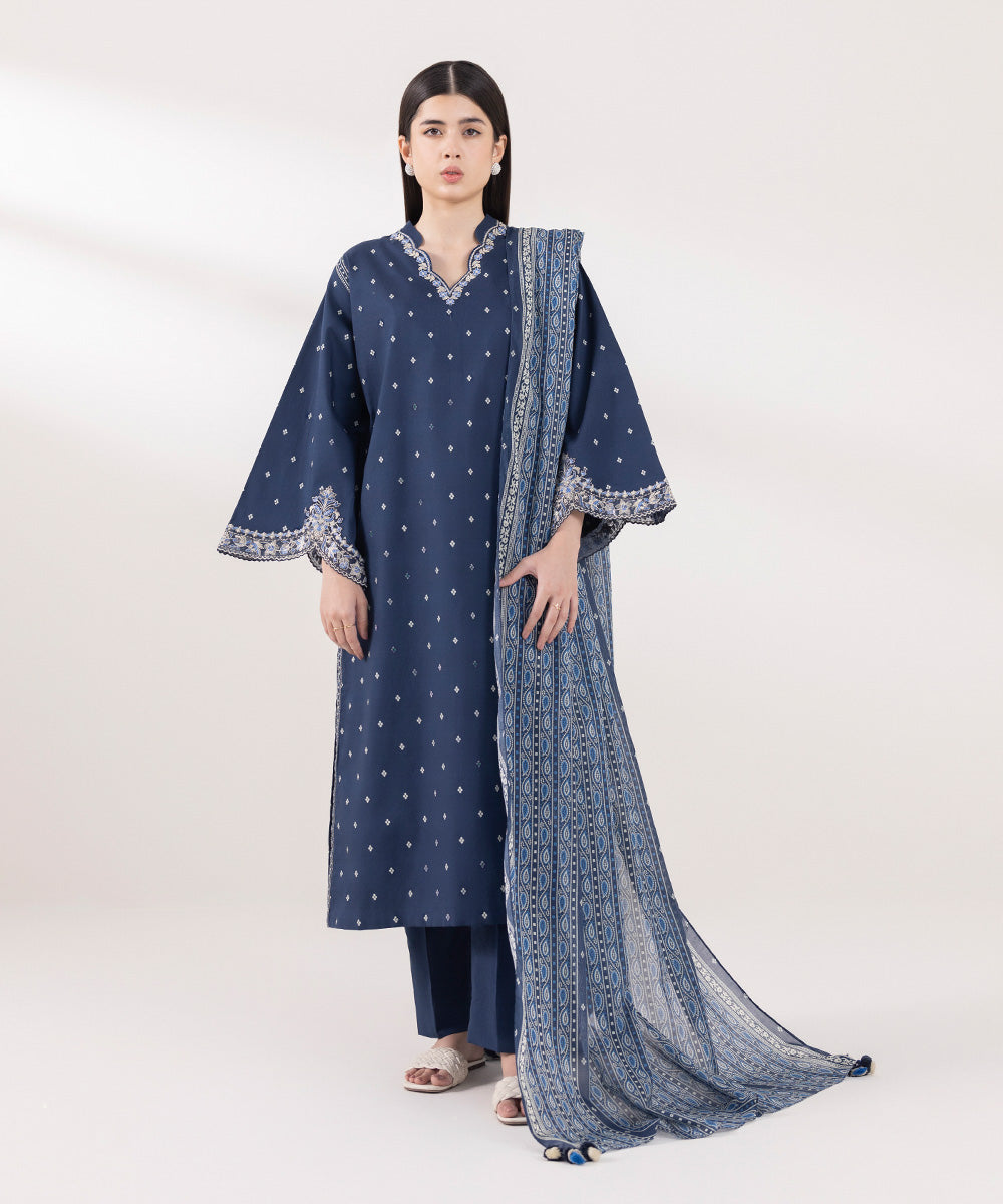 3PC EMBROIDERED DHANAK DRESS RO - 389