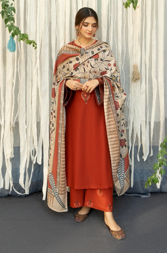 3PC EMBROIDERED DHANAK DRESS RO - 316