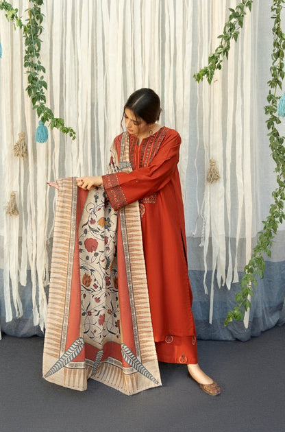 3PC EMBROIDERED DHANAK DRESS RO - 316