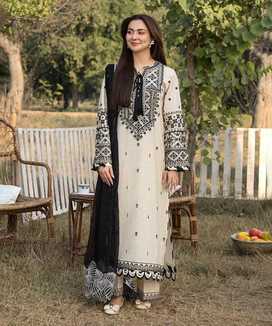3PC EMBROIDERED DHANAK DRESS RO - 526