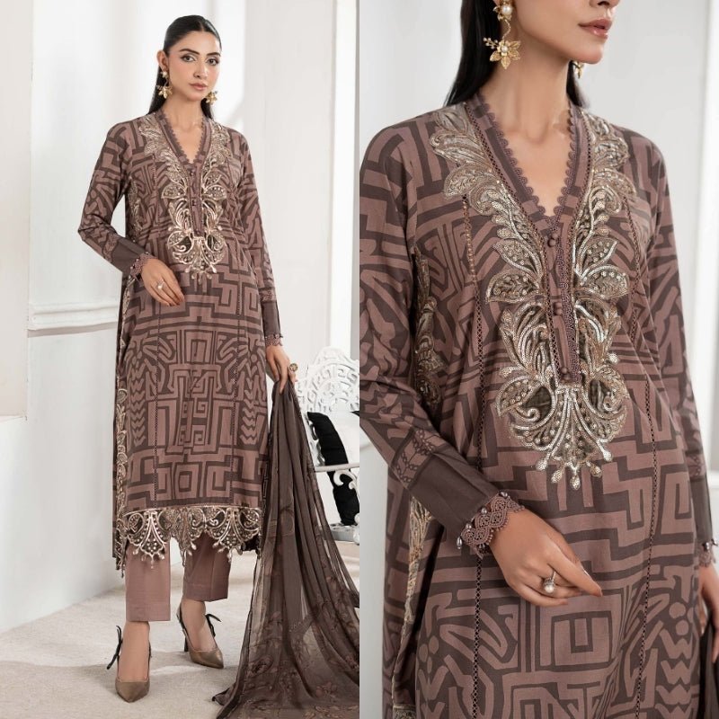 3PC DIGITAL PRINTED SILK SUIT WITH PATCHES - SR - 671 - Rangoli Store