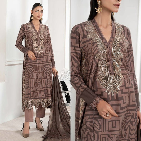 3PC DIGITAL PRINTED SILK SUIT WITH PATCHES - SR - 671 - Rangoli Store