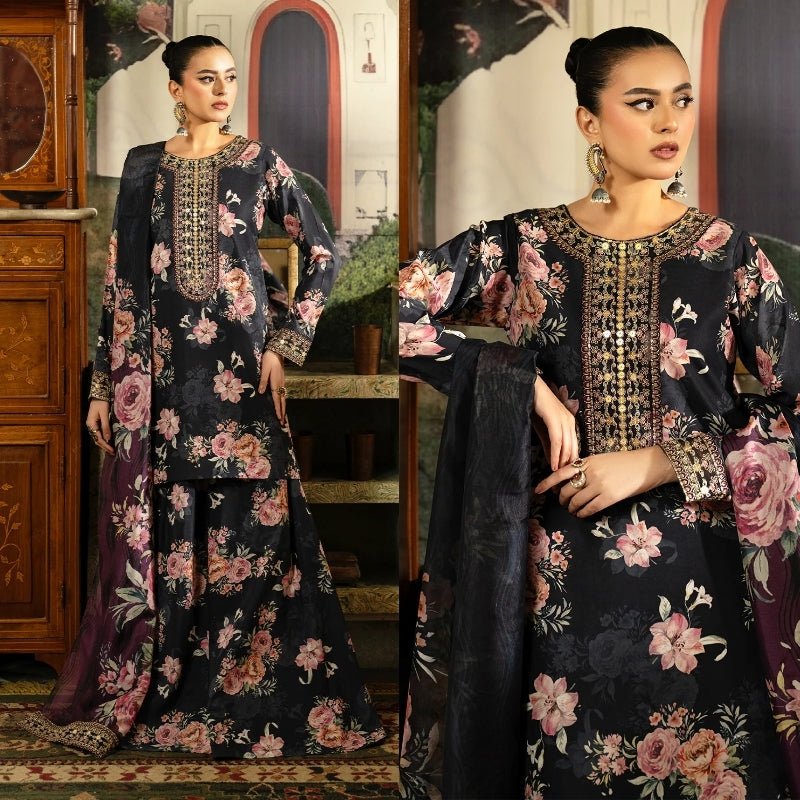 3PC DIGITAL PRINTED SILK SUIT WITH PATCHES - SR - 677 - Rangoli Store