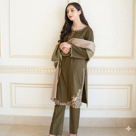 3PC EMBROIDERED DHANAK DRESS RO - 374 - Rangoli Store