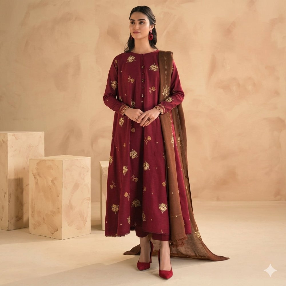 3PC EMBROIDERED DHANAK DRESS RO - 419 - Rangoli Store