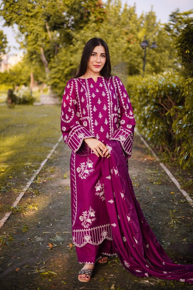 3PC EMBROIDERED DHANAK DRESS RO - 575 - Rangoli Store