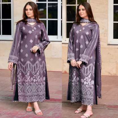 3PC EMBROIDERED DHANAK SUIT - RO-472